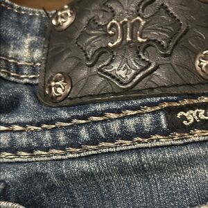 Miss Me Blue Boot Cut Jeans with Black Leather Detail